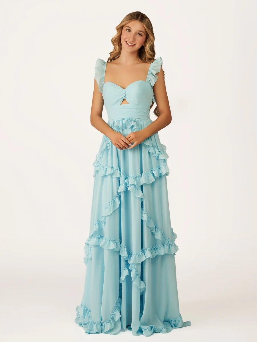 Hubery | A-Line Straps Sky Blue Chiffon Ruffles Long Prom Dress