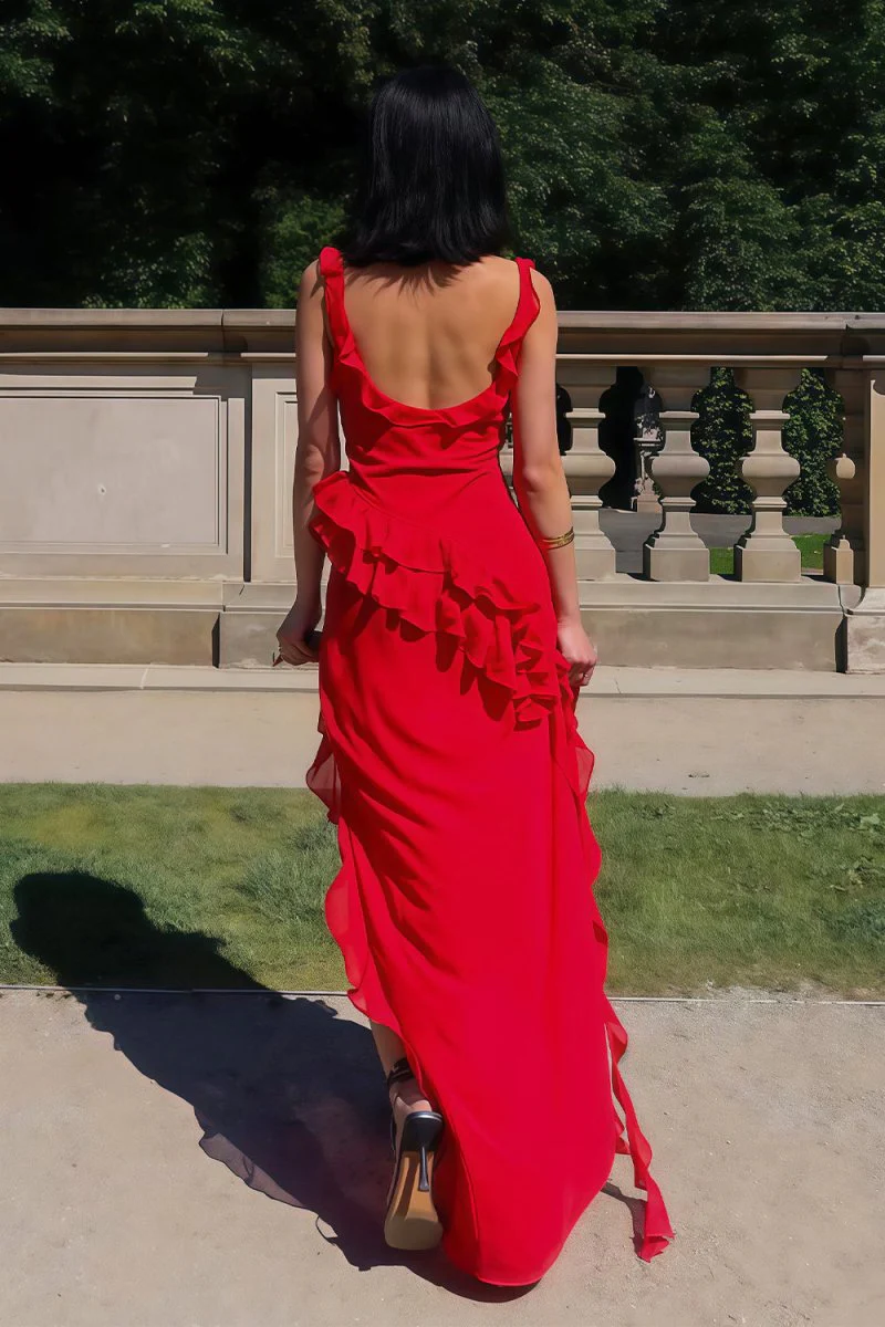Hopkins | Red - Square Neck Sheath Satin Ruffled Prom Dresses With Slit