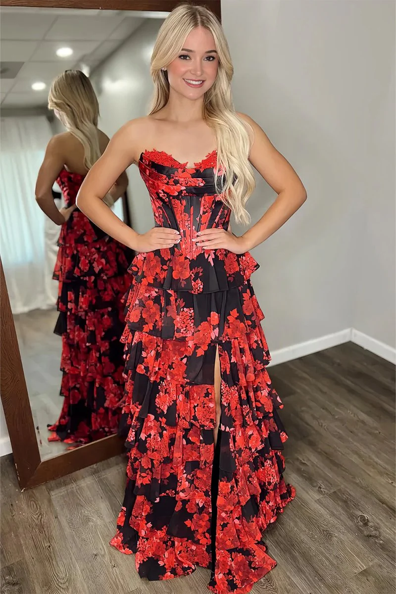 Hermonde | Red - Strapless A Line Floral Chiffon Ruffled Prom Dresses With Slit