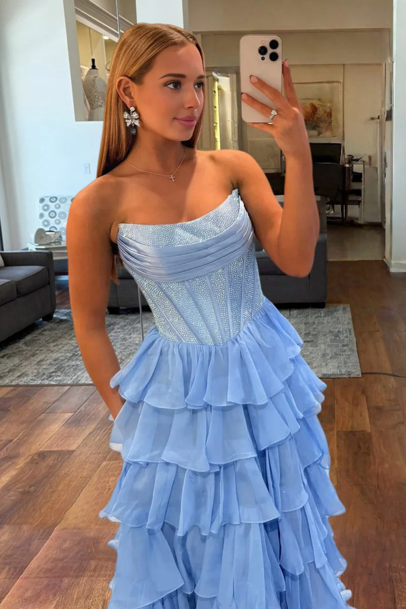 Hanya | Blue - A Line Strapless Chiffon Beaded Corset Long Prom Dress With Slit