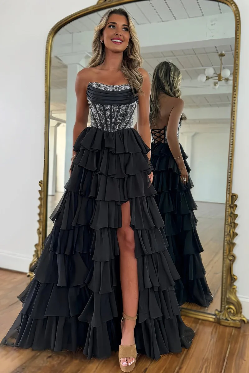 Hanya | Black - A Line Strapless Chiffon Beaded Corset Long Prom Dress With Slit