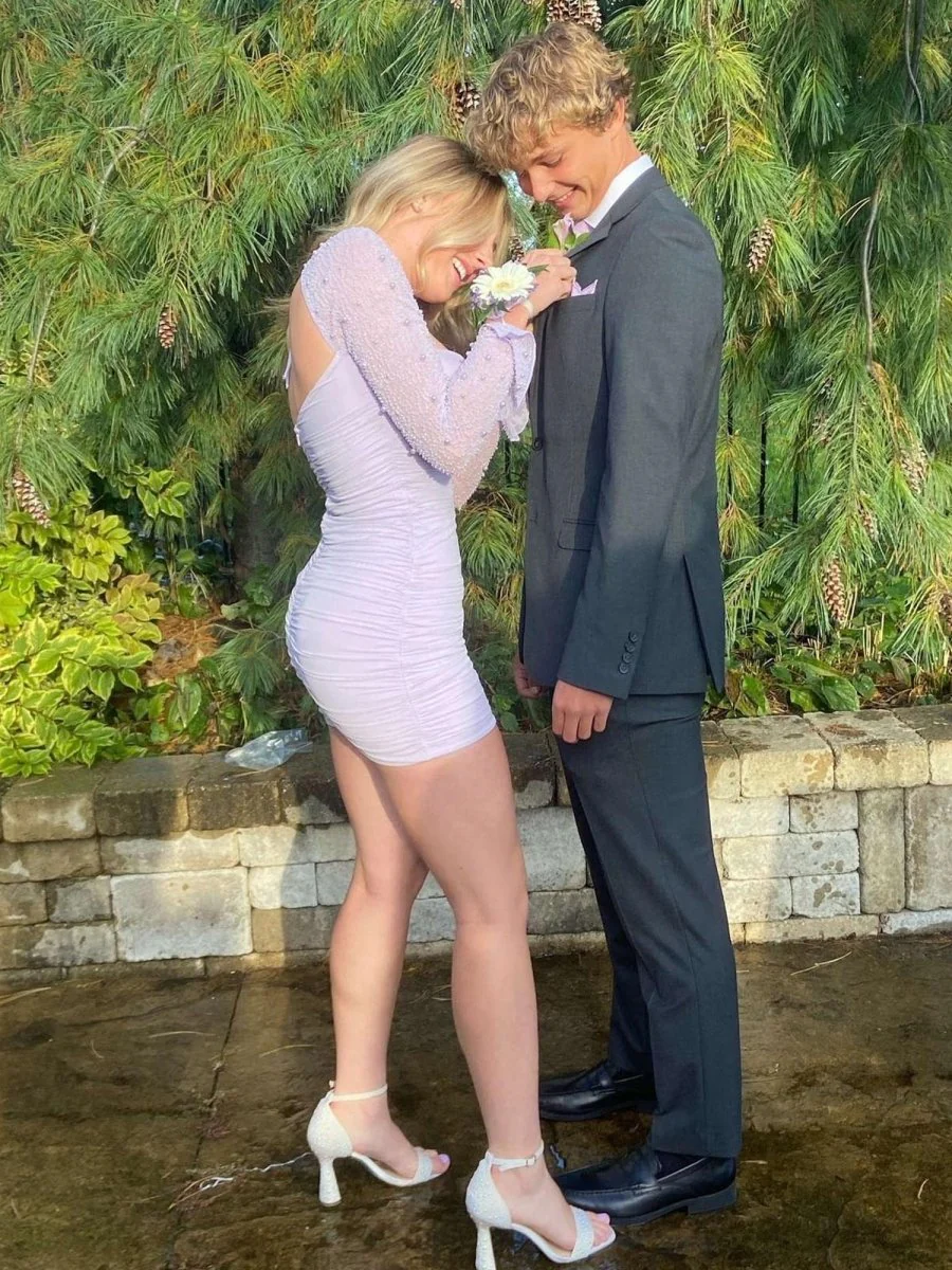 Jael | Lilac - Sweetheart Long Sleeves Bodycon Homecoming Dresses With Pearls