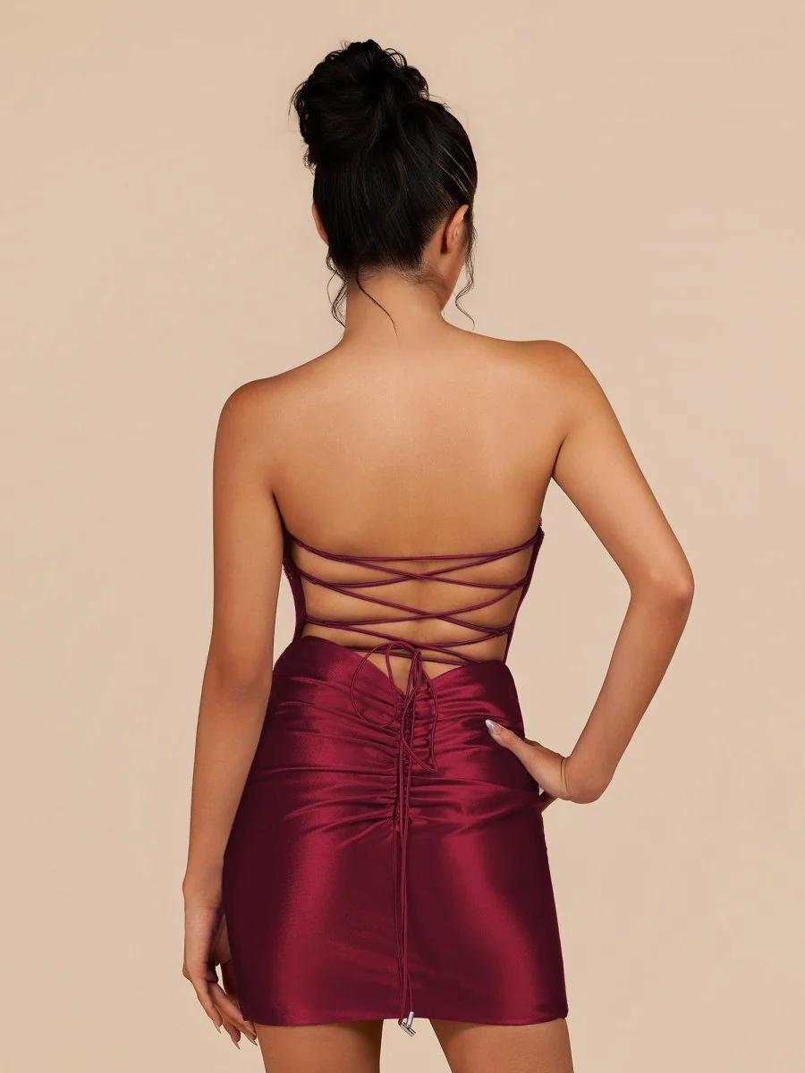 Indie | Burgundy Bodycon Satin Sweetheart Corset Homecoming Dress with Sequined Flowers | KissProm