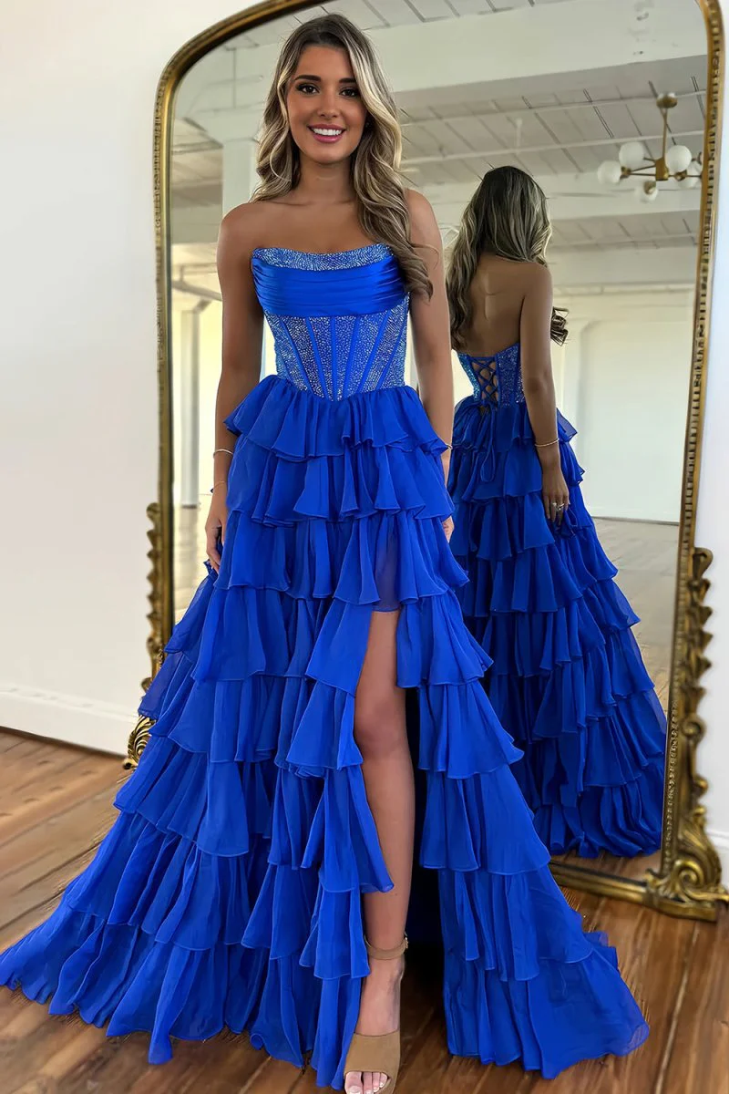 Hanya | Royal Blue - A Line Strapless Chiffon Beaded Corset Long Prom Dress With Slit