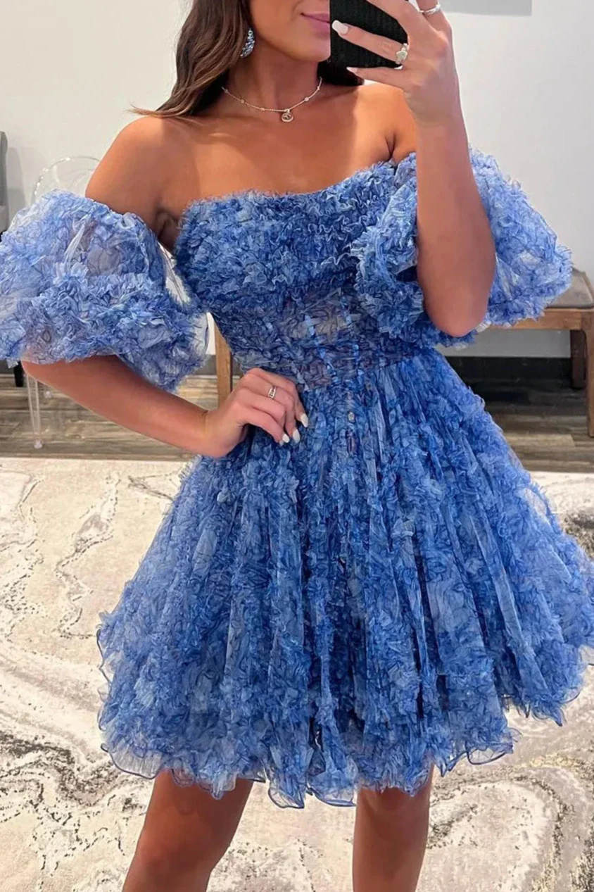 Hanni | Blue Puff Sleeves Ruffles A-line Prints Homecoming Dress