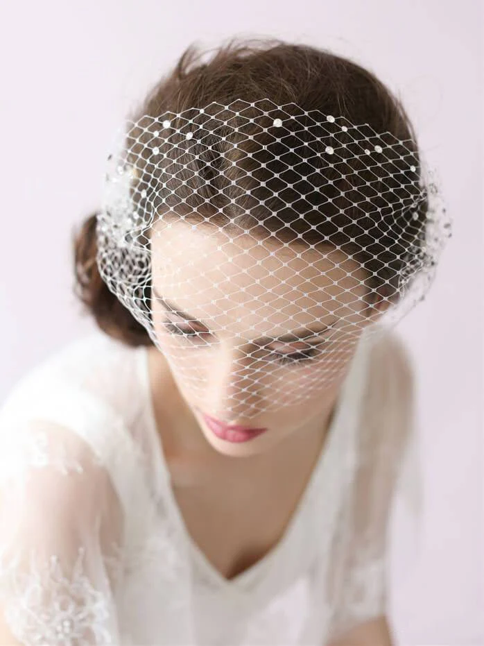 Ivory Mesh Birdcage Veils with Tiny Beads