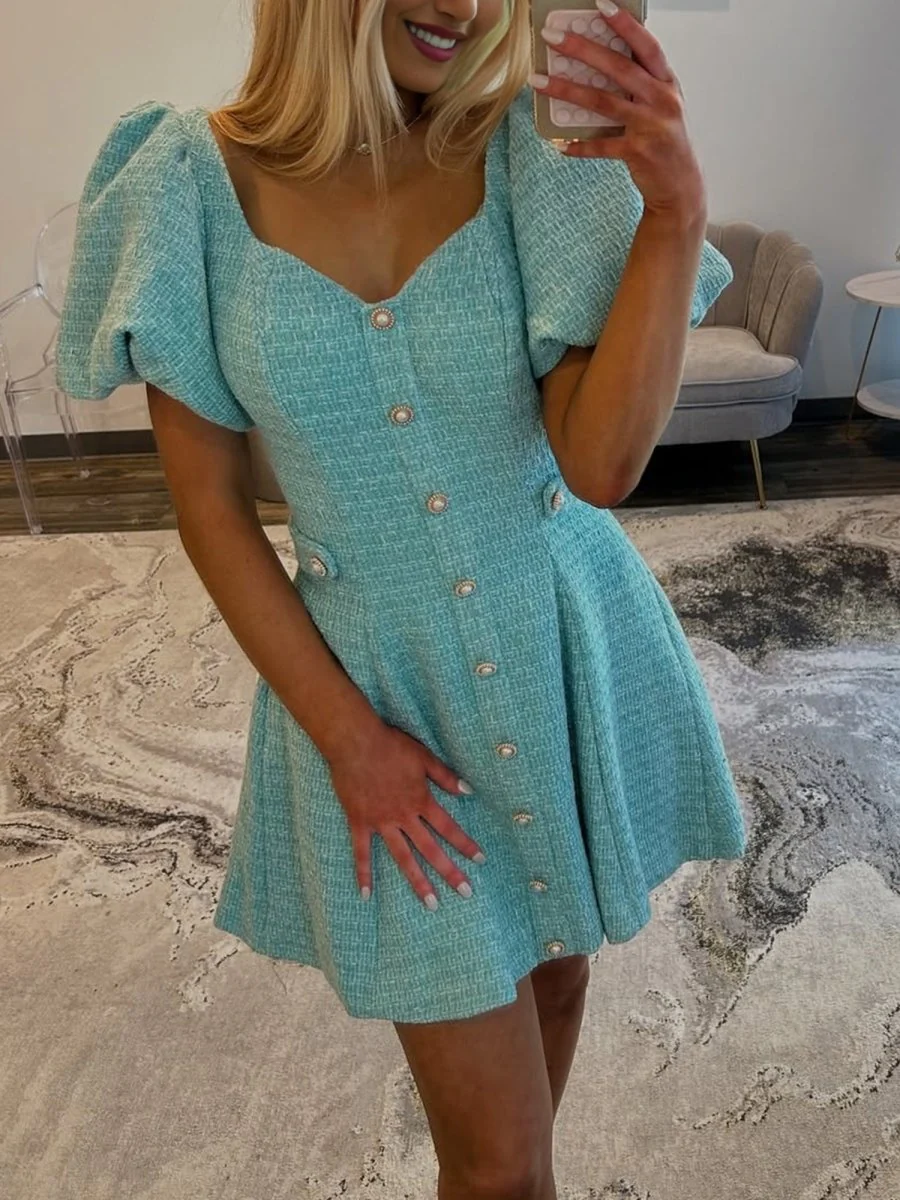 Idony | Blue - A Line V Neck Textured Tweed Homecoming Dresses with Puffed Sleeves