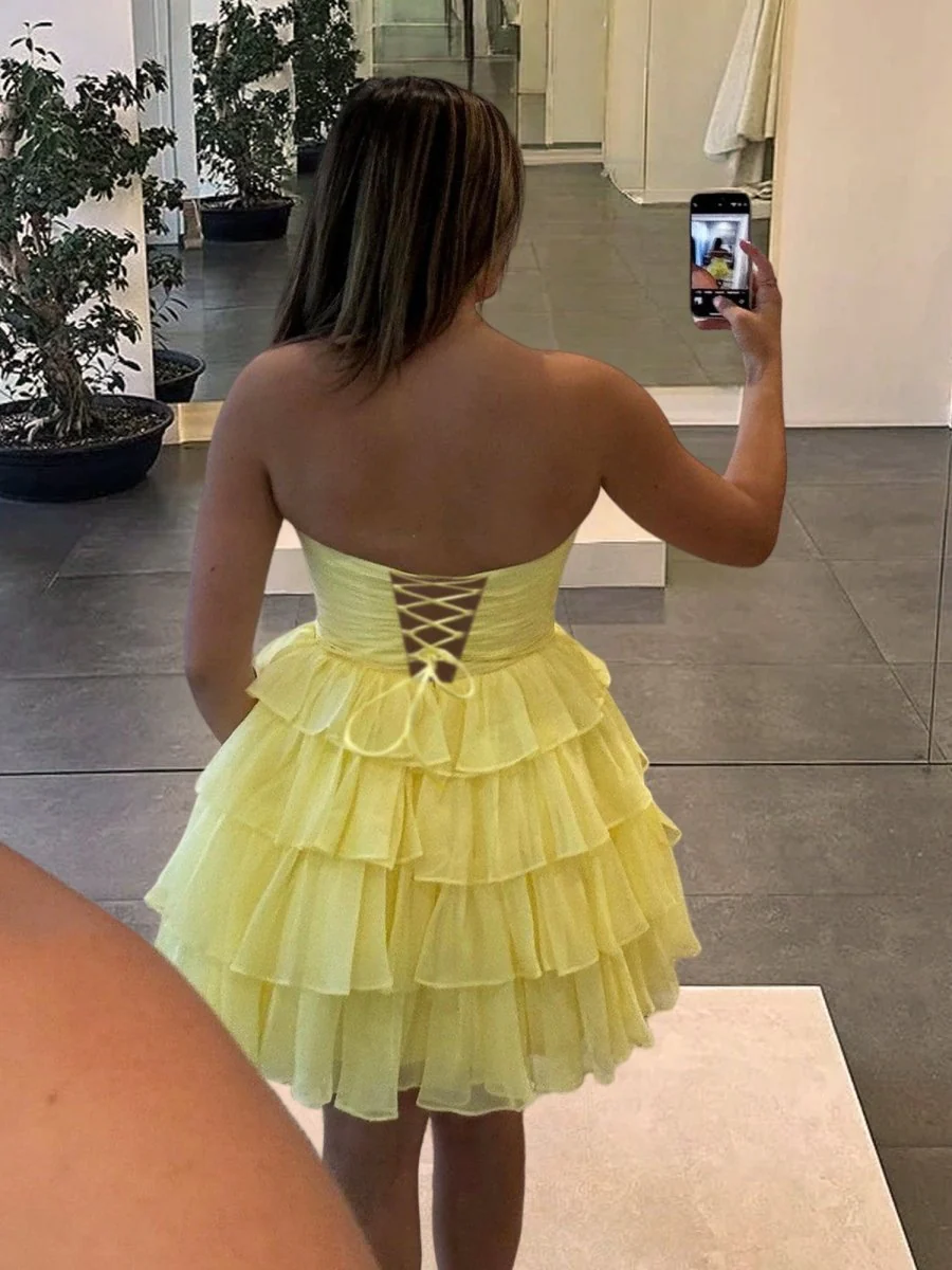 Ilsa | Yellow - Strapless A Line Chiffon Ruffled Cocktail Dresses With Bow