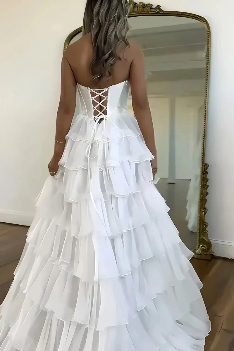 Hanya | White - A Line Strapless Chiffon Beaded Corset Long Prom Dress With Slit
