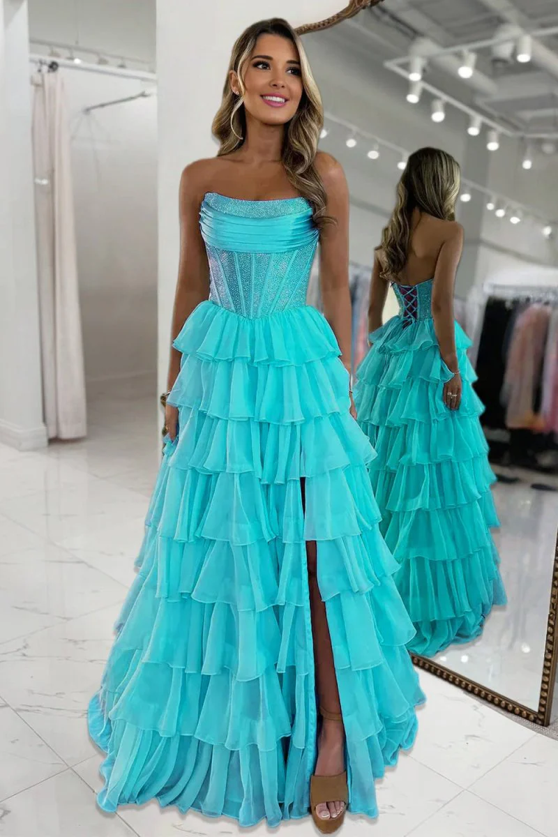 Hanya | Aqua - A Line Strapless Chiffon Beaded Corset Long Prom Dress With Slit