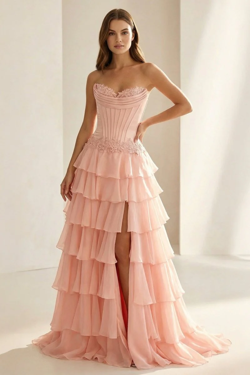 Jaleira | Pink - Sweetheart Chiffon Ruffled A Line Formal Prom Dresses With Appliques