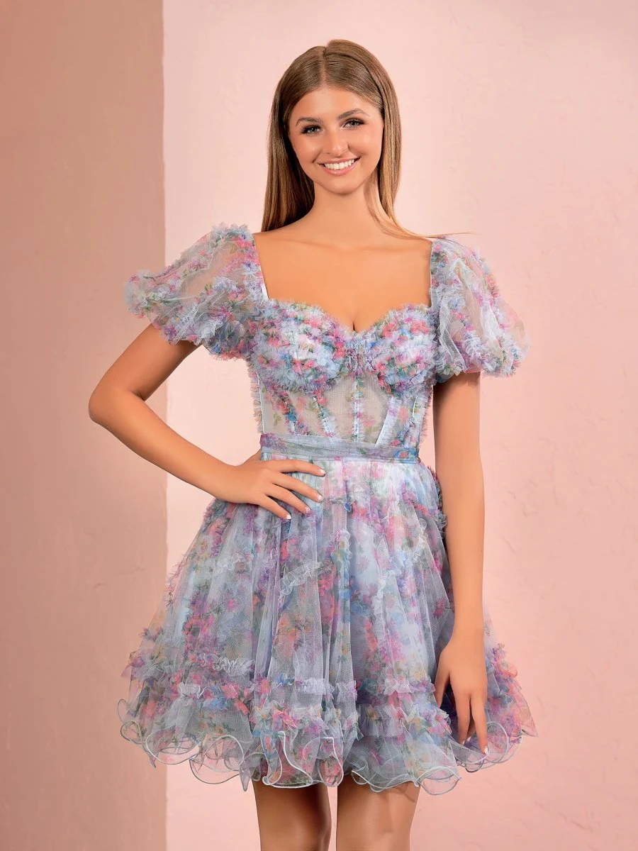 Ivana | Sky Blue A Line Off the Shoulder Printed Homecoming Dress
