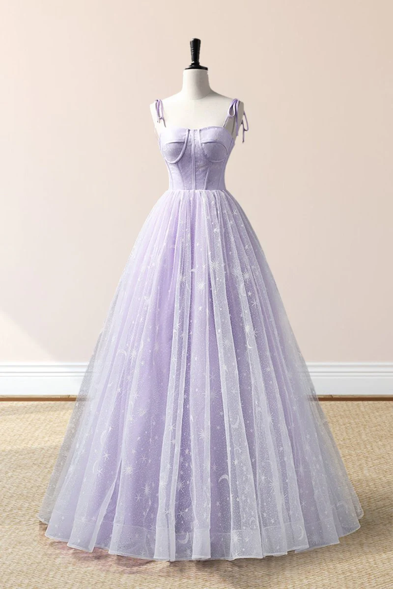 Janelle | Lavender Tulle Straps Floor Length Evening Dress, Lavender A-Line Prom Dress