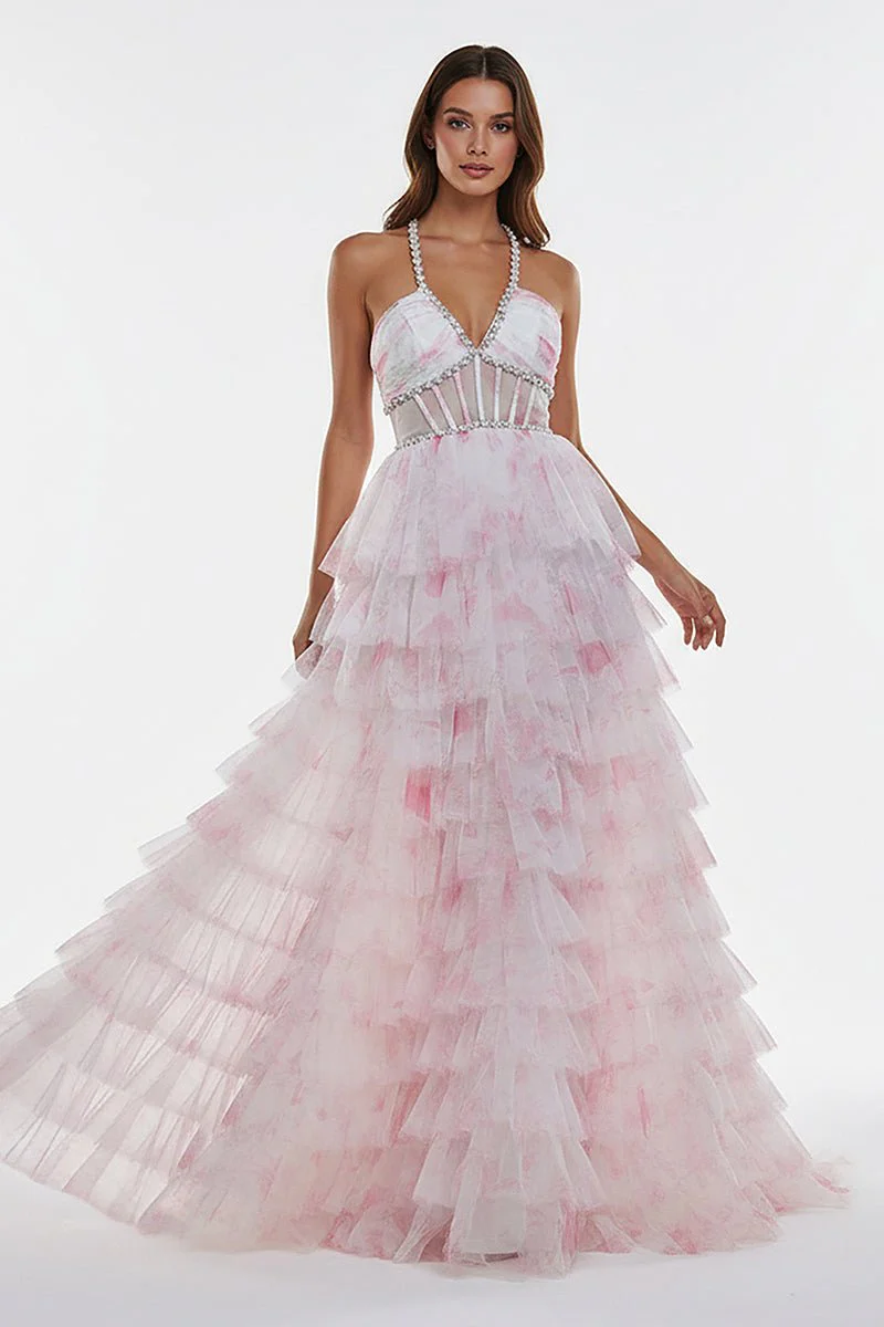 Inari | Pink – A Line Floral Tulle Halter Long Prom Dress with Ruffles and Beading