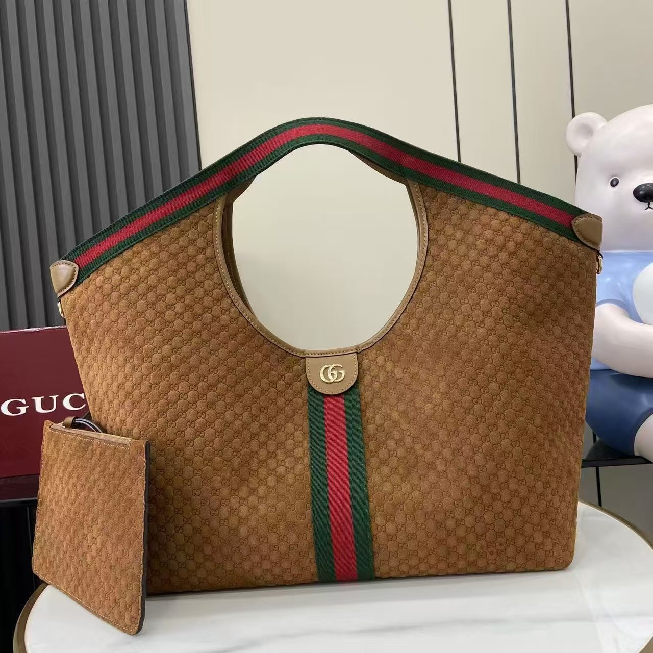Gucci Giglio Large Tote Bag in Light Brown | GG Suede with Detachable Clutch