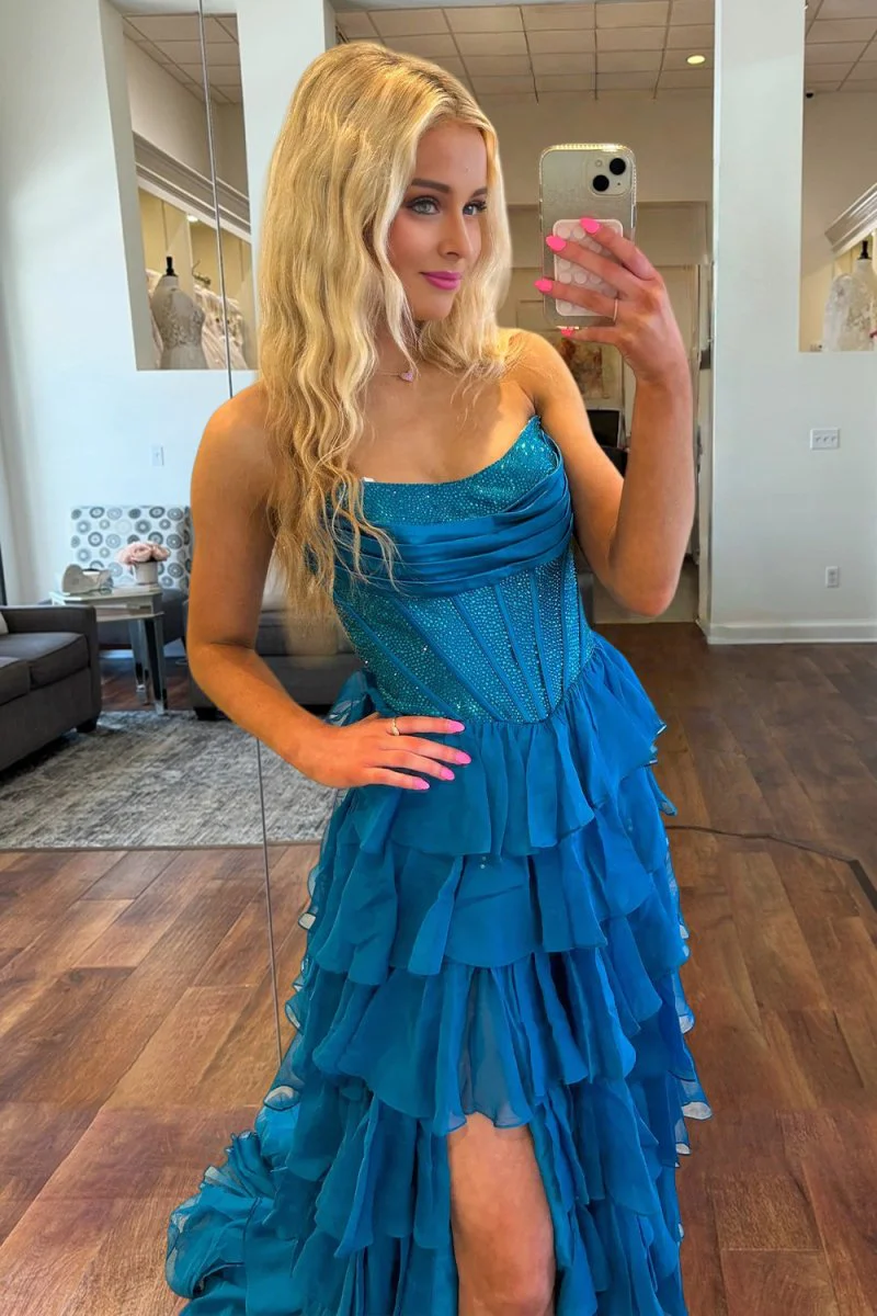 Hanya | Peacock - A Line Strapless Chiffon Beaded Corset Long Prom Dress With Slit