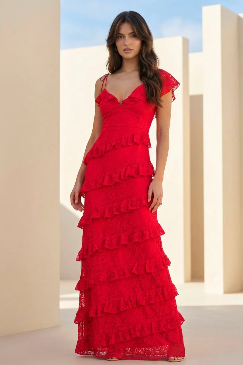 Iverie | Red Sheath V Neck Lace Long Prom Dresses With Ruffles