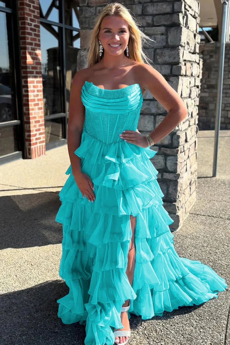 Hanya | Aqua - A Line Strapless Chiffon Beaded Corset Long Prom Dress With Slit