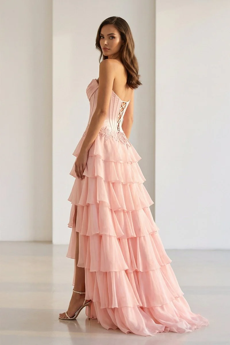 Jaleira | Pink - Sweetheart Chiffon Ruffled A Line Formal Prom Dresses With Appliques