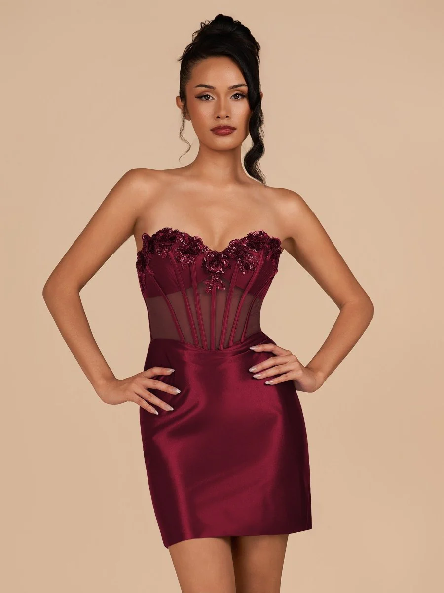 Indie | Burgundy Bodycon Satin Sweetheart Corset Homecoming Dress with Sequined Flowers | KissProm