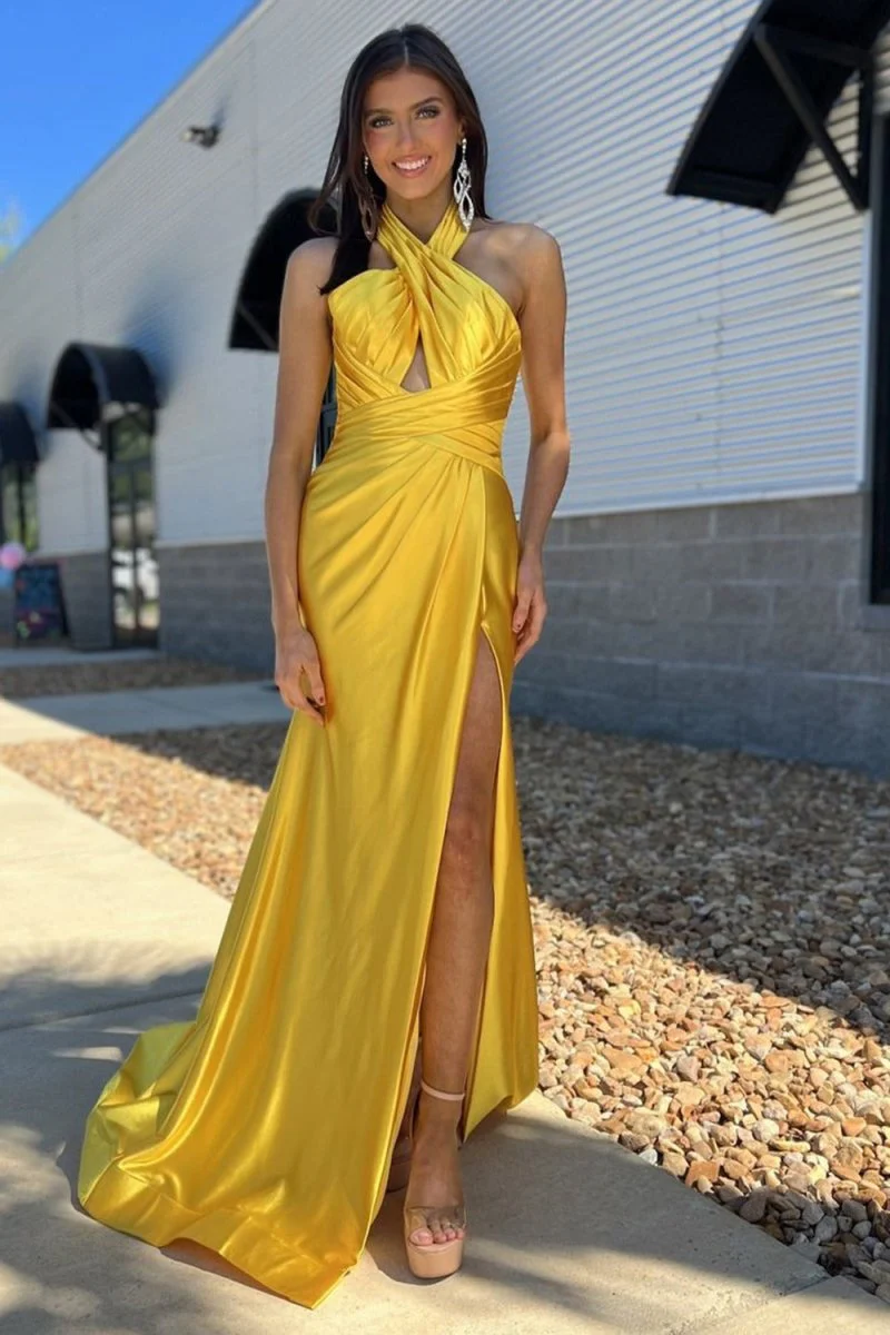 Iras | Yellow Halter Satin Mermaid Long Prom Dress With Slit