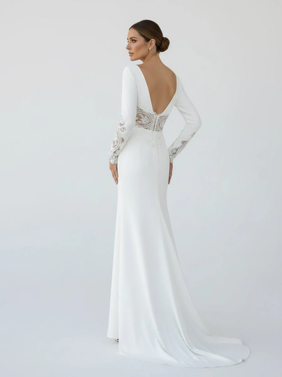 Hollynn | Casual V-neck mermaid Sweep Train Long Sleeve Wedding Dress With Slit