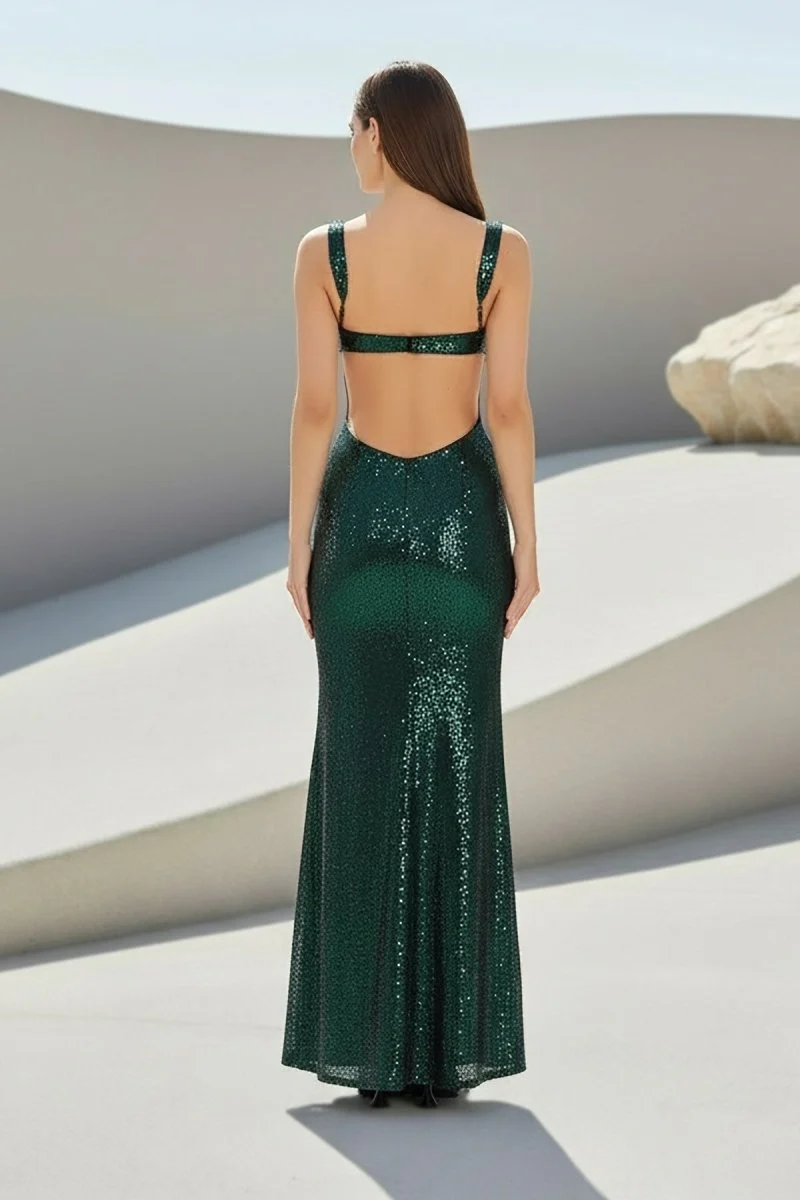 Inoria | Dark Green - Scoop Neck Mermaid Sequins Long Prom Dresses With Cutout