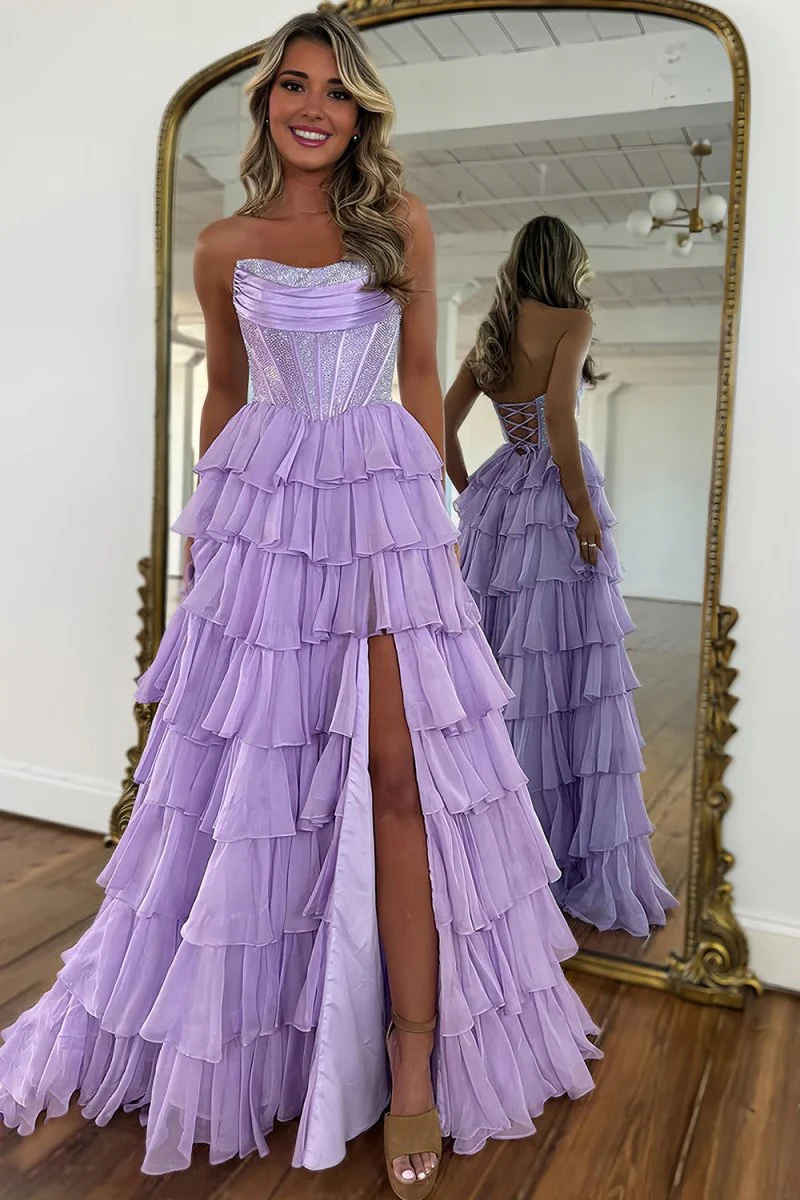Hanya | Lavender - A Line Strapless Chiffon Beaded Corset Long Prom Dress With Slit