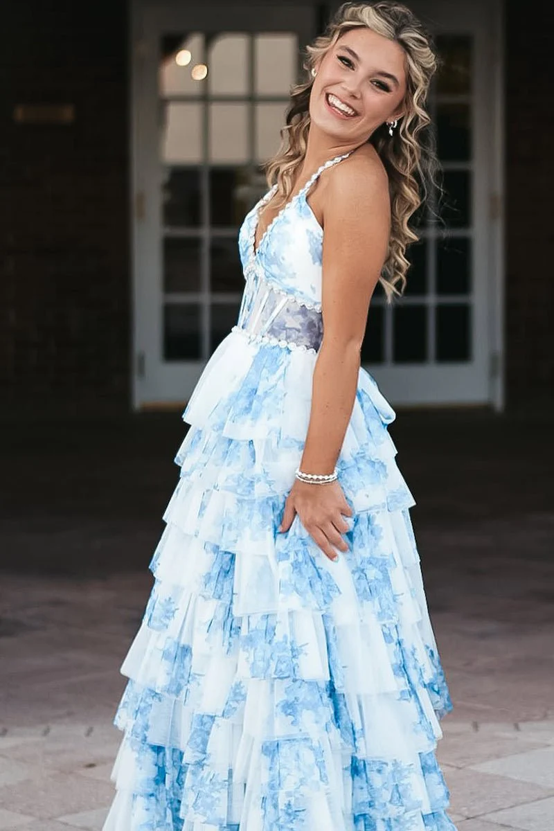 Inari | Blue – A Line Floral Tulle Halter Long Prom Dress with Ruffles and Beading