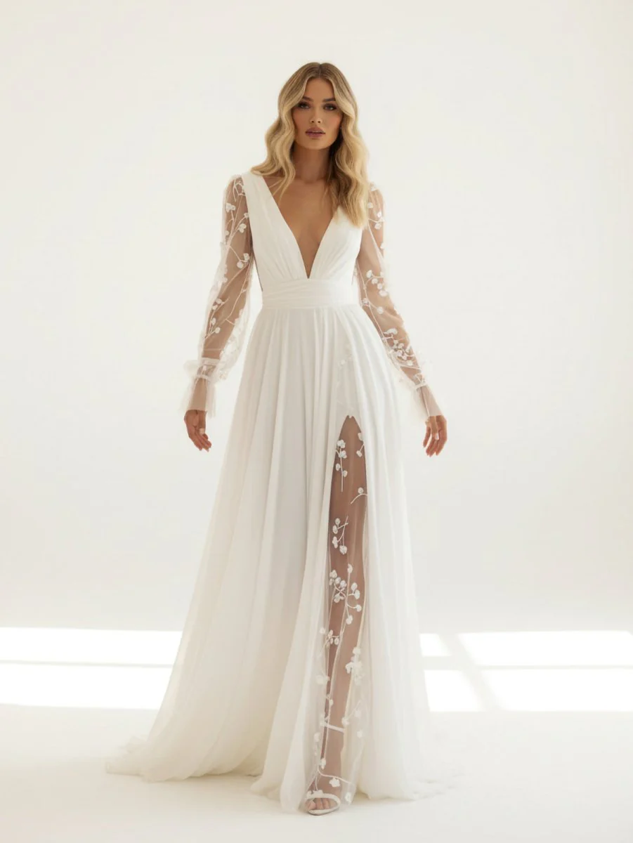 Herneith | Long Sleeve Boho Flowy Wedding Dress Lace A-Line V-Neck Beach Gown with Split Front and Sweep Train