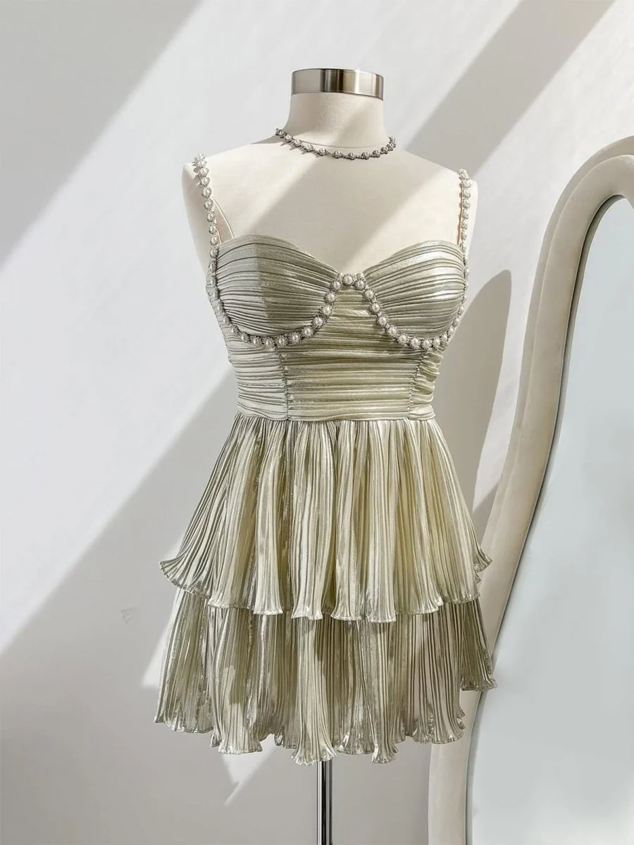 Isabeau | Gold - Spaghetti Straps A Line Metallic Pleated Short Homecoming Dresses With Beading