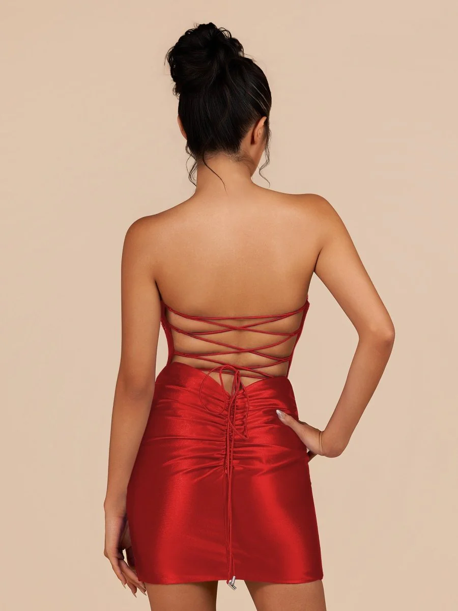 Indie | Red Bodycon Satin Sweetheart Corset Homecoming Dress with Sequined Flowers | KissProm