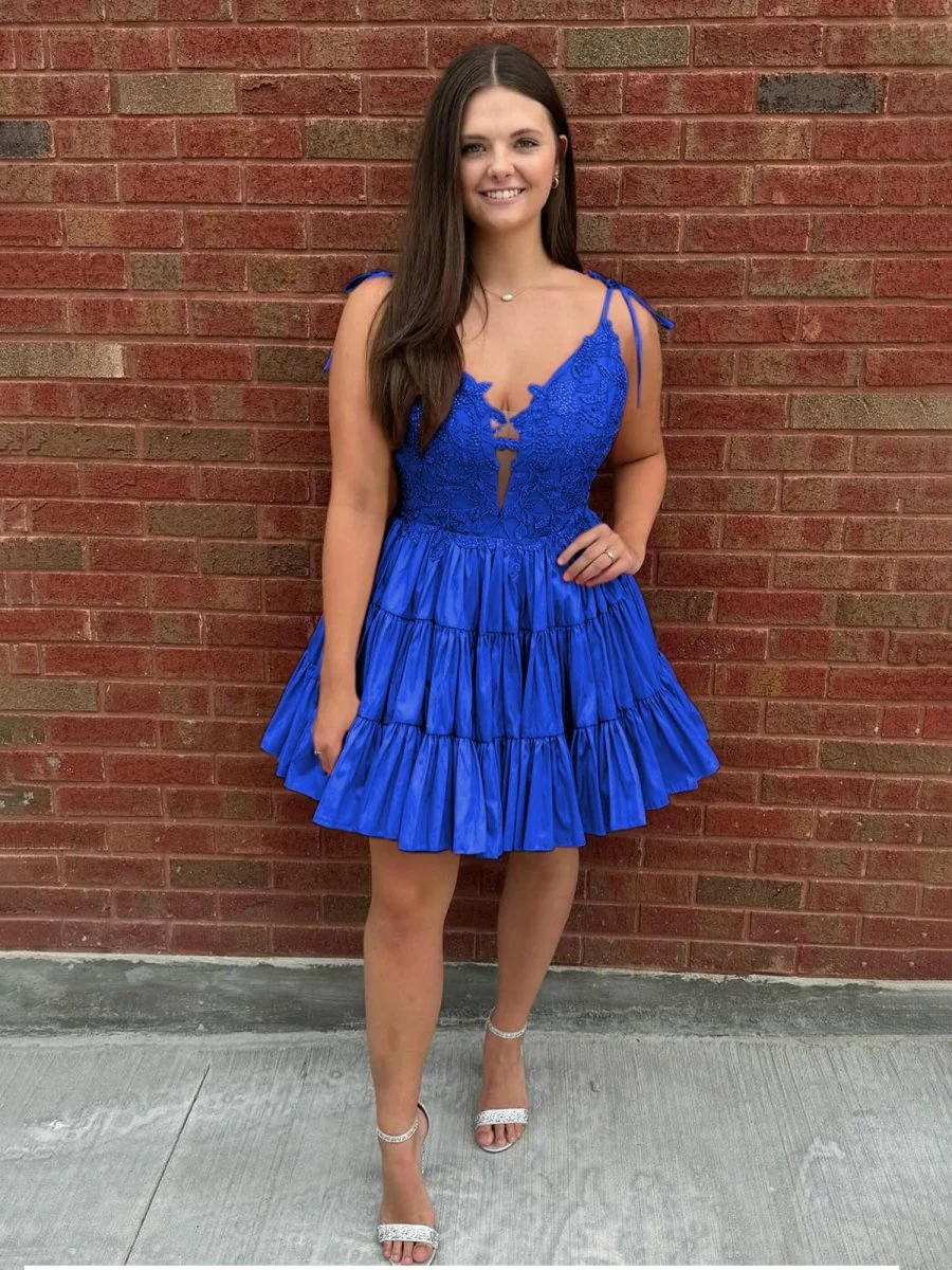 Heliodor | Royal Blue - V Neck Satin A Line Ruffles Homecoming Dresses With Appliques