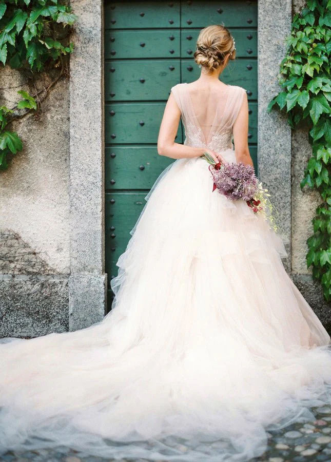 Illusion Lace V-Neck Appliqued Sleeveless V-Back Tulle Wedding Dress