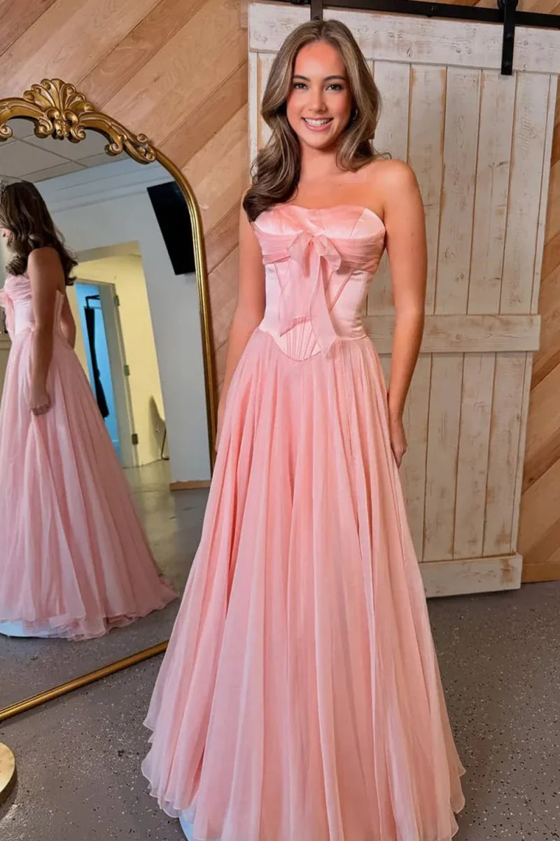 Ivelisse | Pink - A Line Strapless Pleated Chiffon Long Prom Dress with Bow