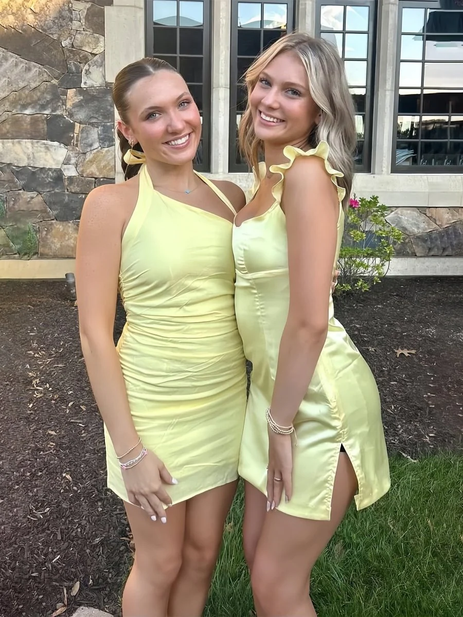 Hessa | Yellow - Sheath Sweetheart Satin Short Homecoming Dress with Slit