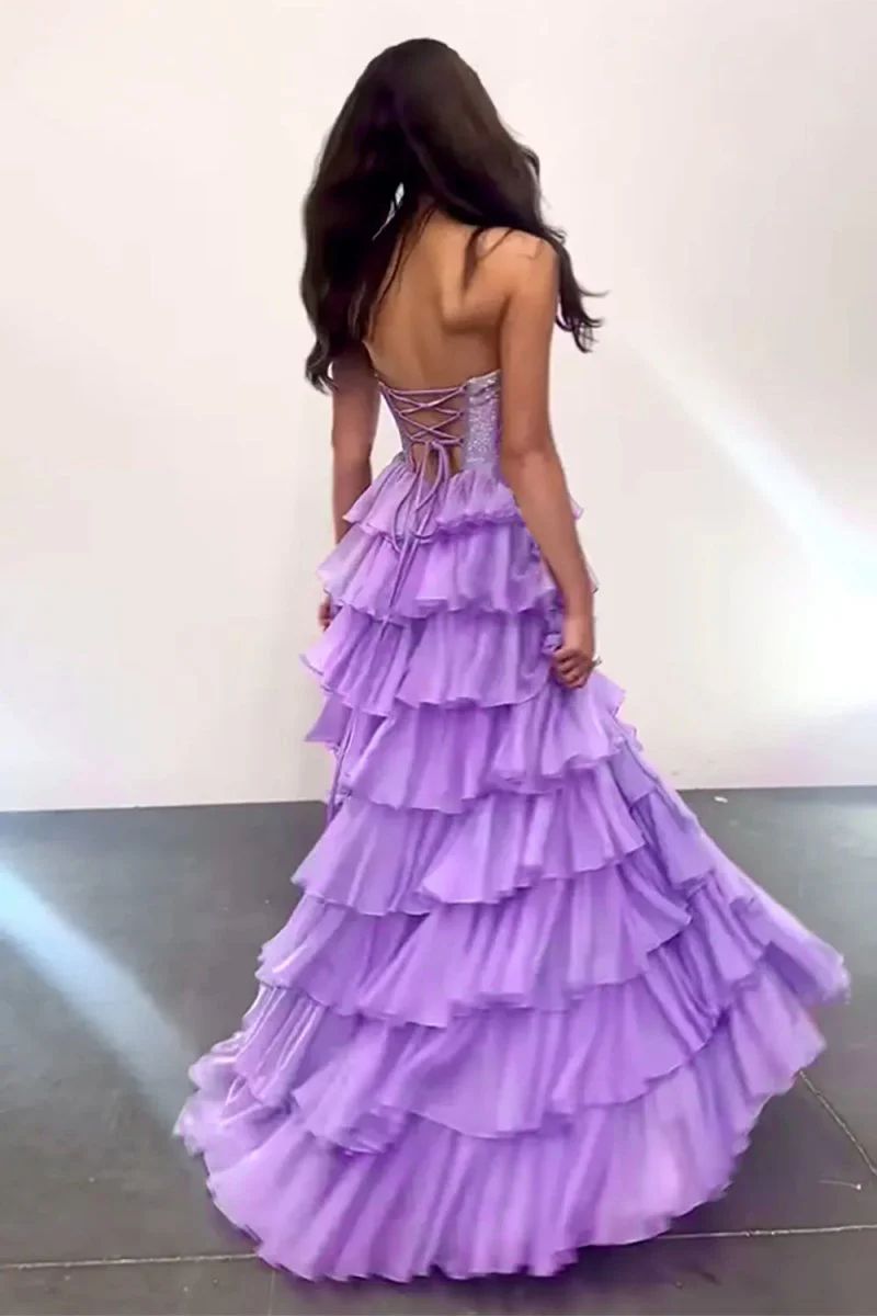 Hanya | Lilac - A Line Strapless Chiffon Beaded Corset Long Prom Dress With Slit