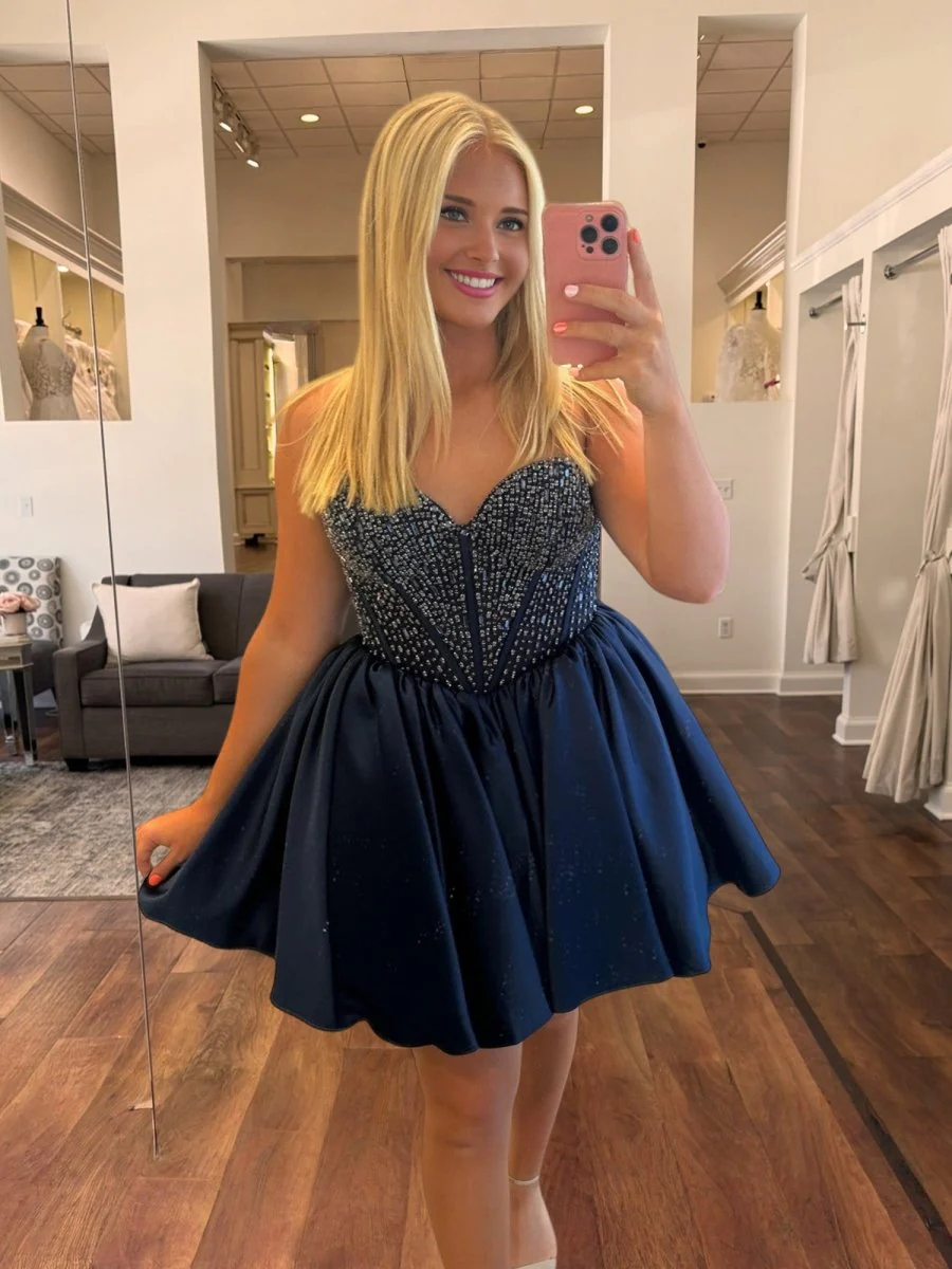 Hira | Navy Blue - Strapless Satin A Line Short Homecoming Dresses With Beading
