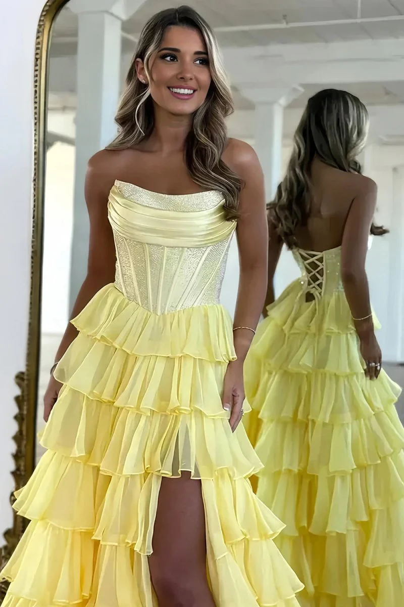 Hanya | Yellow - A Line Strapless Chiffon Beaded Corset Long Prom Dress With Slit