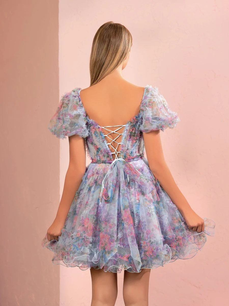 Ivana | Sky Blue A Line Off the Shoulder Printed Homecoming Dress