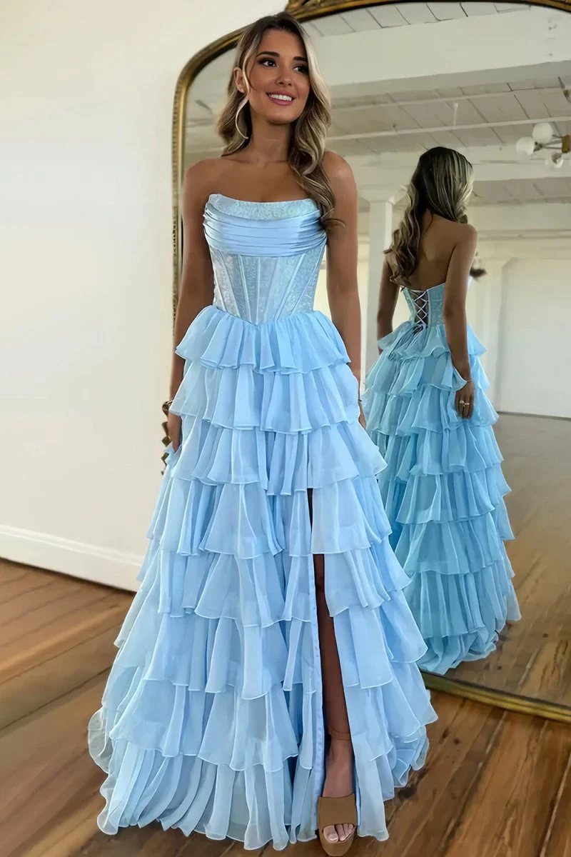 Hanya | Sky Blue - A Line Strapless Chiffon Beaded Corset Long Prom Dress With Slit