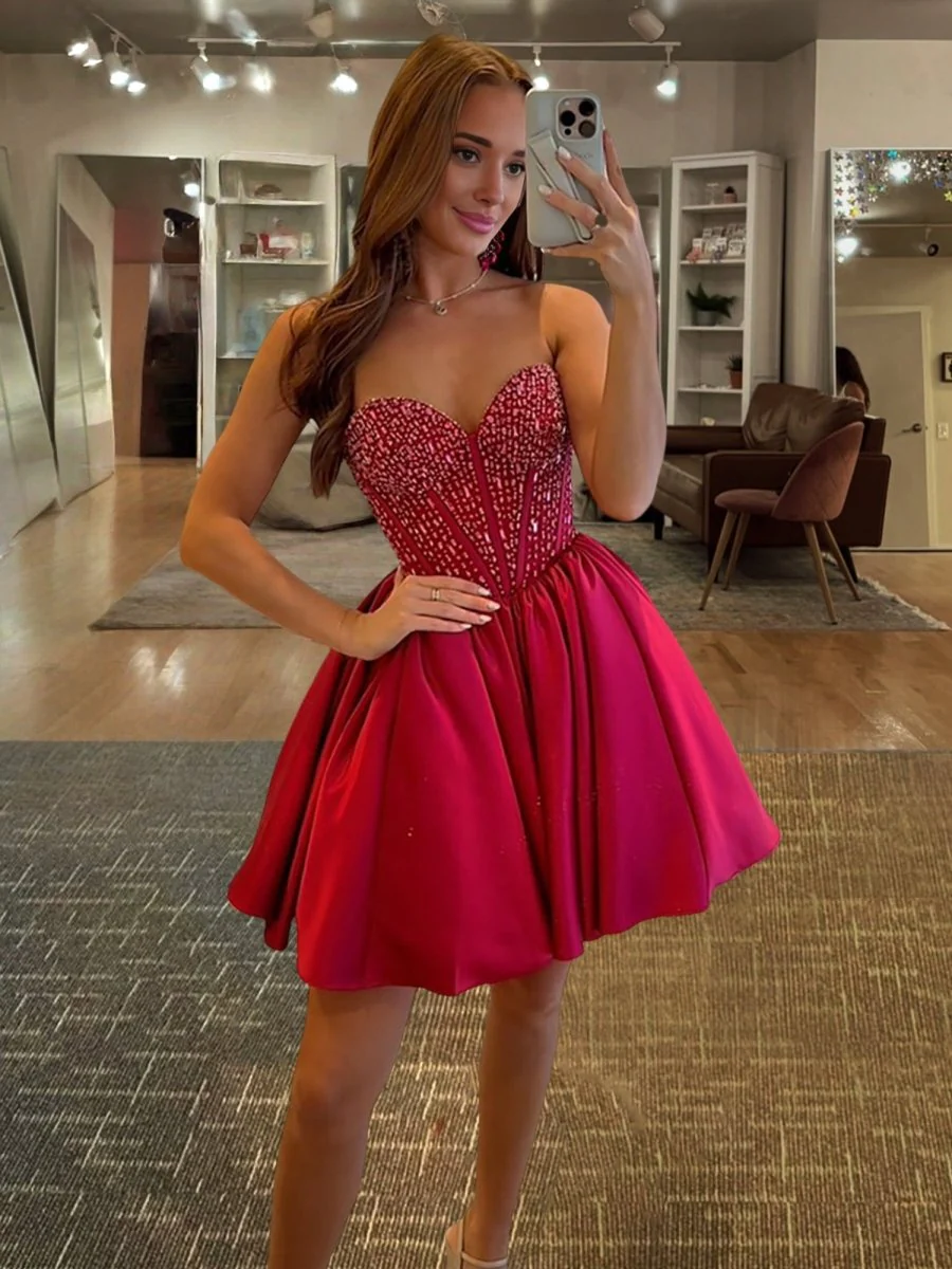 Hira | Red - Strapless Satin A Line Short Homecoming Dresses With Beading