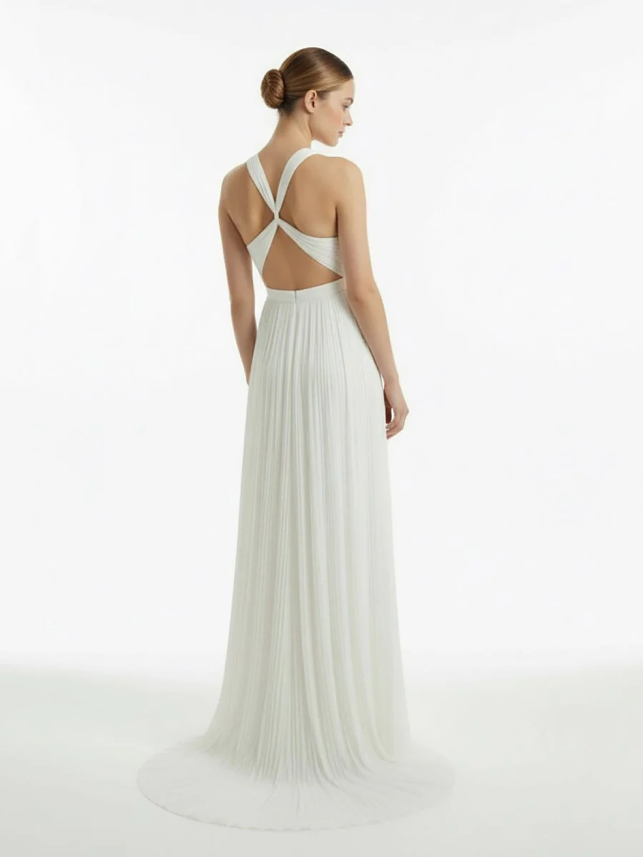 Iolana | Sheath Halter Chiffon Plaited Dress With Special Back Design