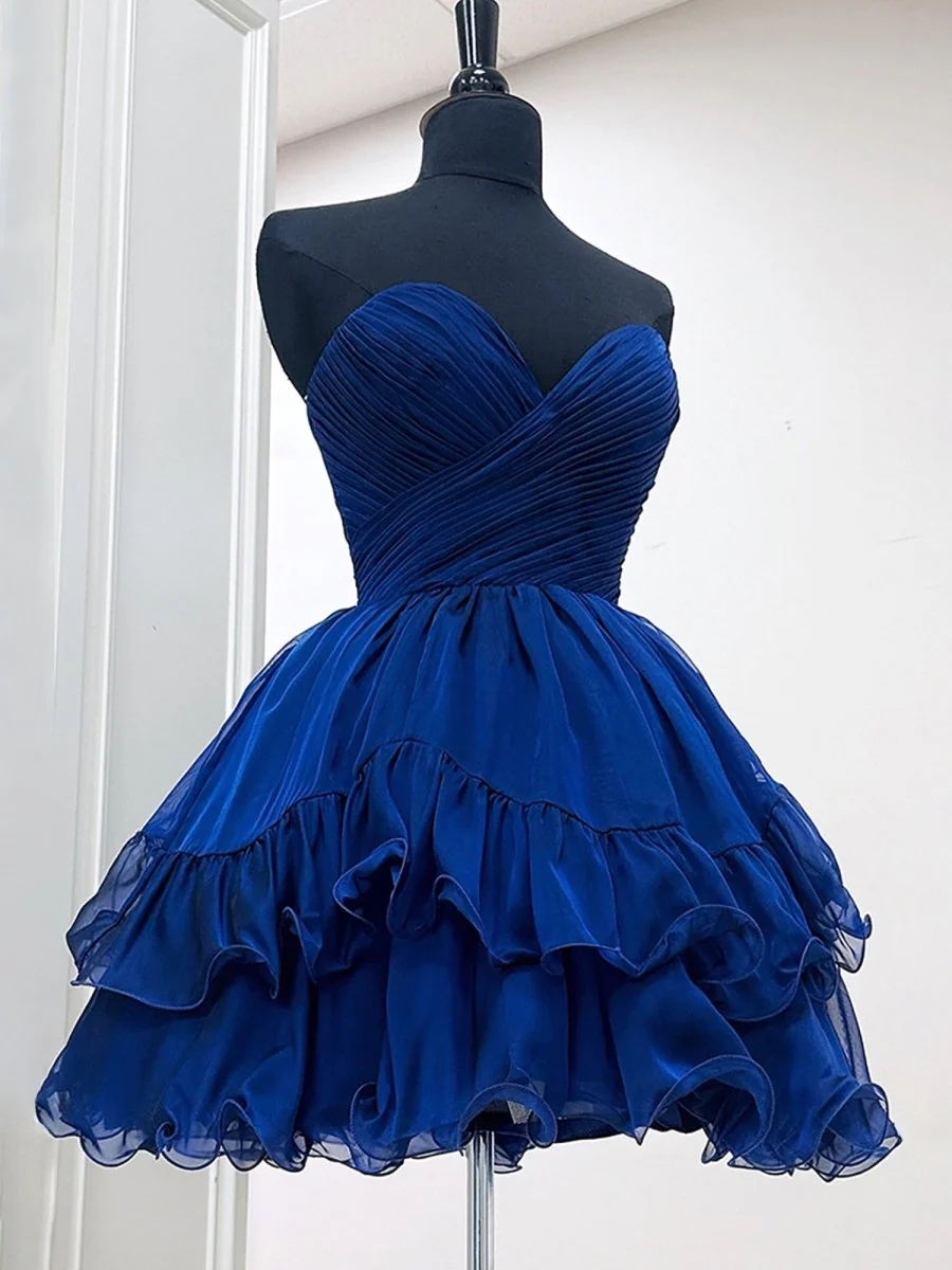 Irelith | Navy Blue - Strapless Pleated A Line Short Homecoming Dresses With Ruffles