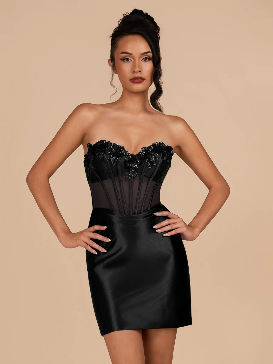 Indie | Black Bodycon Satin Sweetheart Corset Homecoming Dress with Sequined Flowers | KissProm
