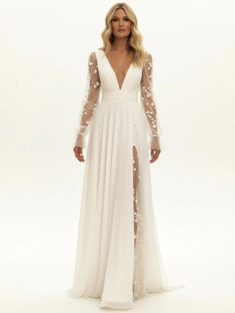 Herneith | Long Sleeve Boho Flowy Wedding Dress Lace A-Line V-Neck Beach Gown with Split Front and Sweep Train