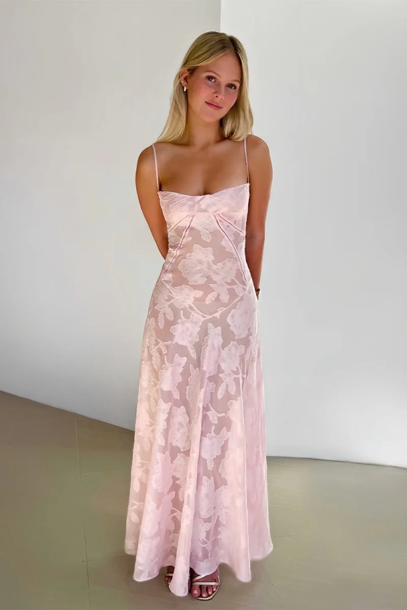 Imre | Pink - Sheath Satin Floral Spaghetti Straps Long Prom Dresses