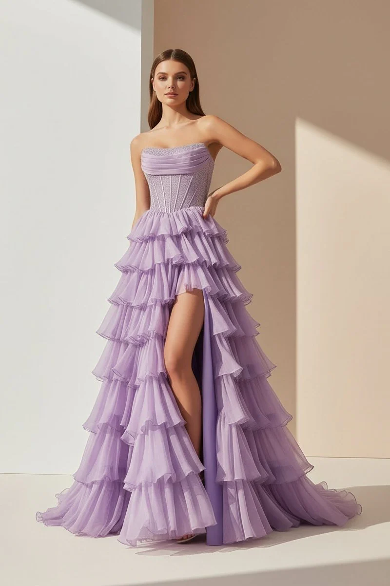 Hanya | Lavender - A Line Strapless Chiffon Beaded Corset Long Prom Dress With Slit