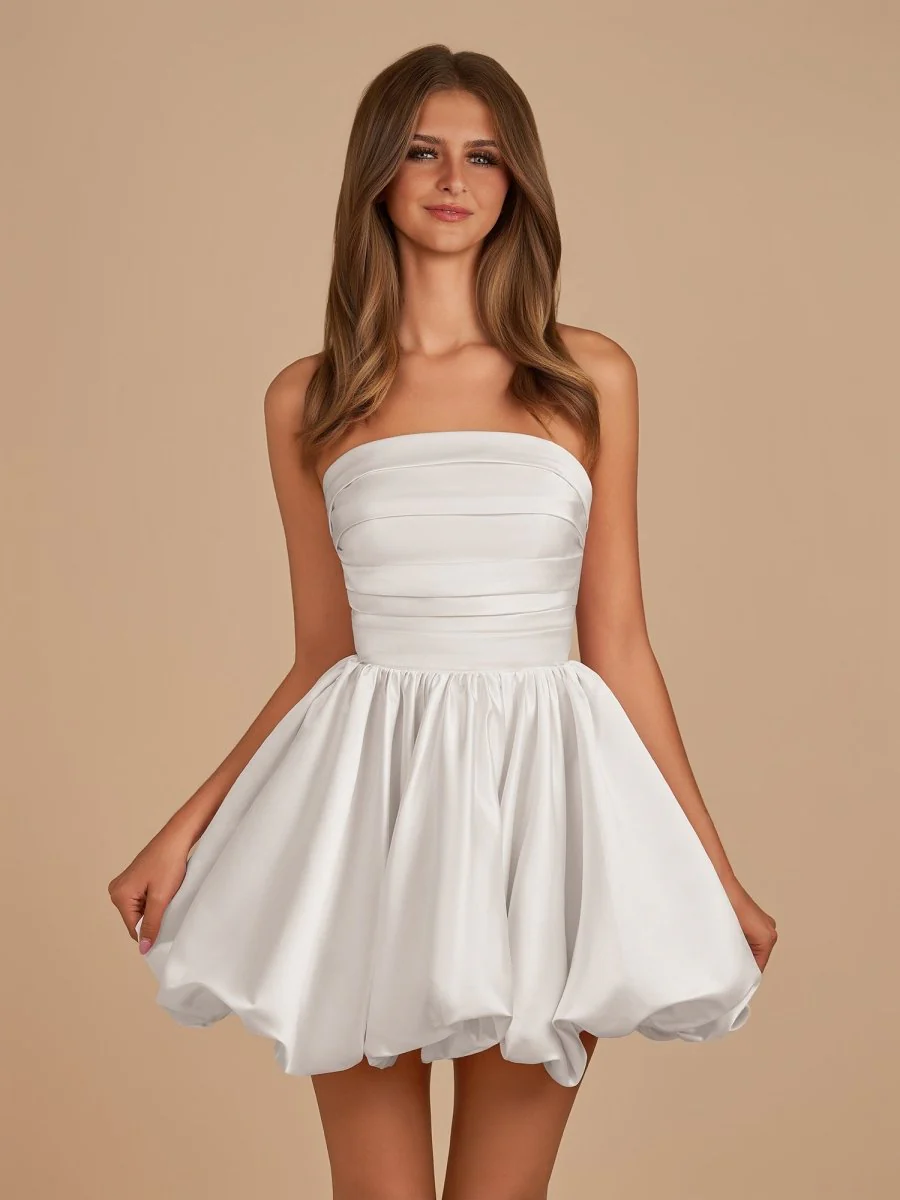 Jani | White - A Line Strapless Satin Bubble Hem Short Homecoming Dresses