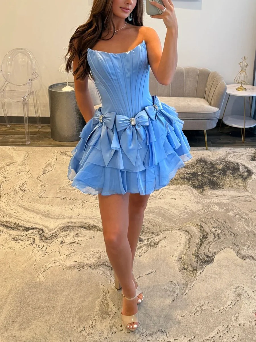 Izara | Periwinkle - A Line Scoop Neck Ruffles Corset Homecoming Dresses with Bows